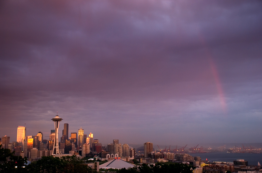 Rainbow over downtown Seattle and Elliot Bay.