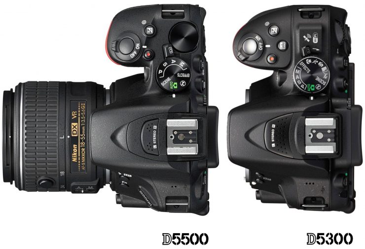 The Nikon D5500, left, is slightly smaller than the D5300, and about 60g lighter.