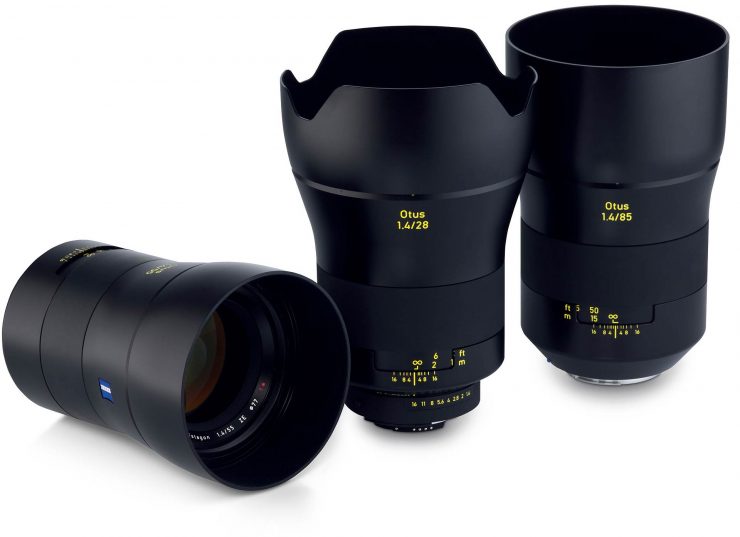 All three Zeiss Otus lenses, including the 55mm, the 28mm, and the 85mm (from left to right).