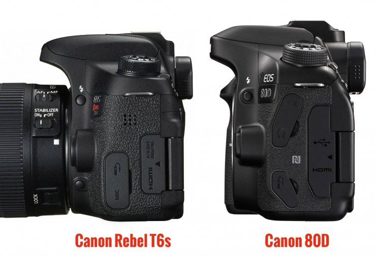 Side view of the Canons 80D and T6s, showing the 80D's headphone jack.