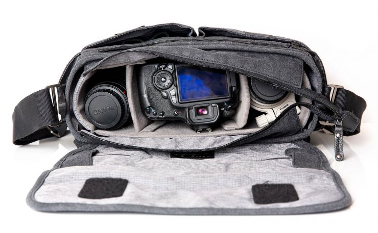 Tenba Cooper 13 DSLR with flap open, contents visible.