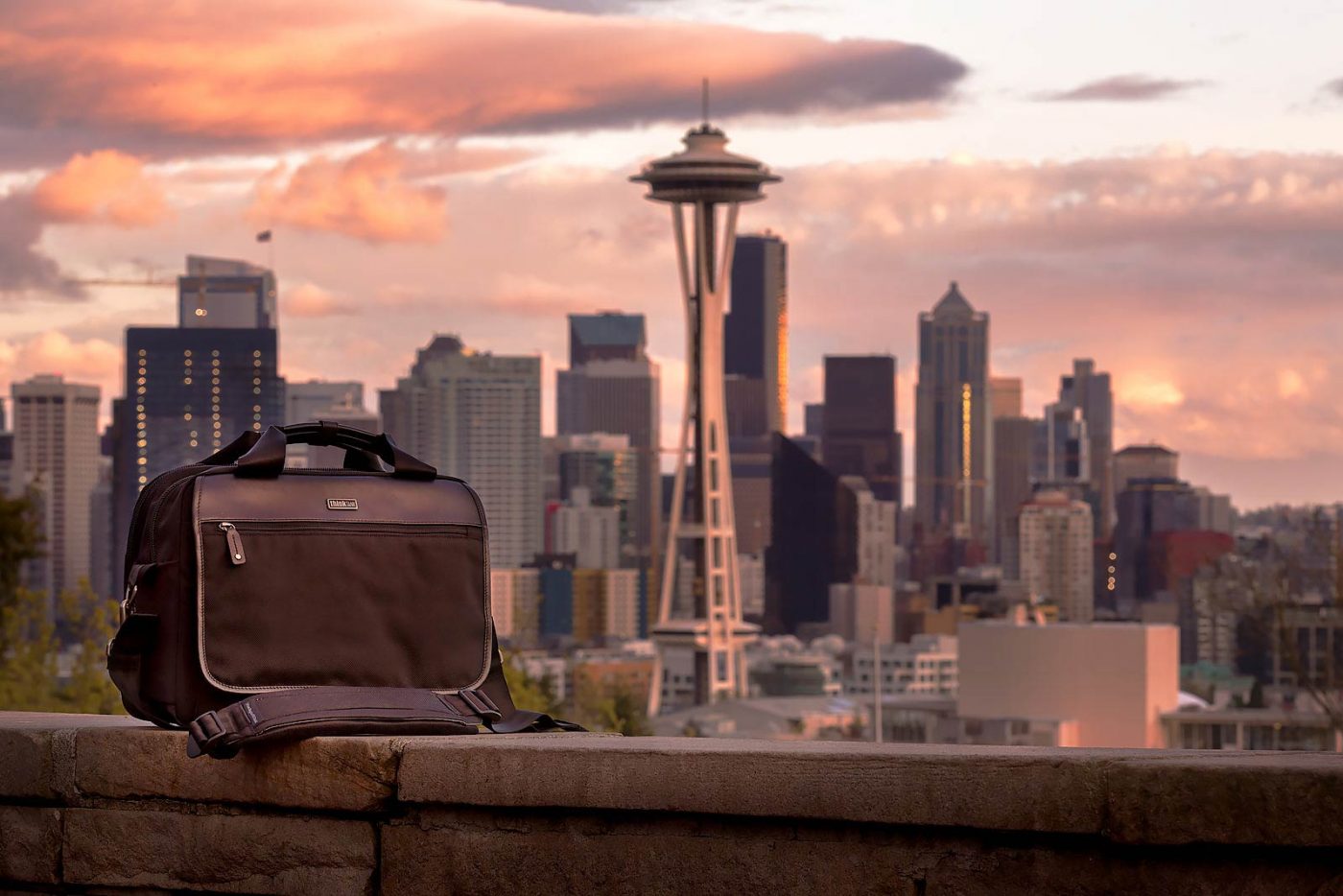 The ThinkTank Urban Disguise 40 Classic in front of the Seattle skyline