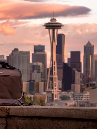 The ThinkTank Urban Disguise 40 Classic in front of the Seattle skyline