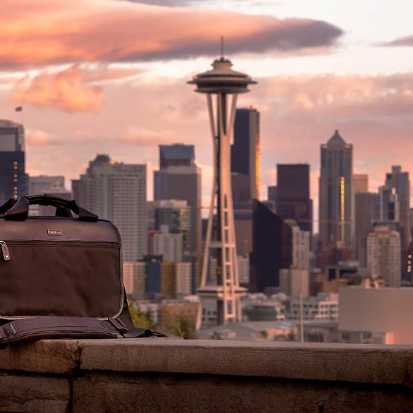 The ThinkTank Urban Disguise 40 Classic in front of the Seattle skyline