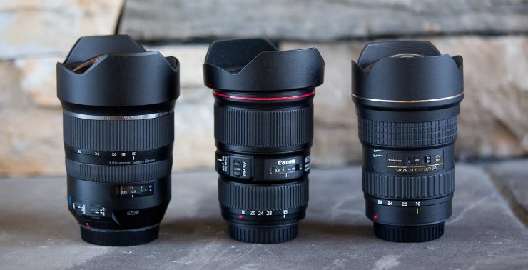 The three lenses used in the video, from left to right: Tamron 15-30 f/2.8, Canon 16-35 f/4, Tokina 16-28 f/2.8