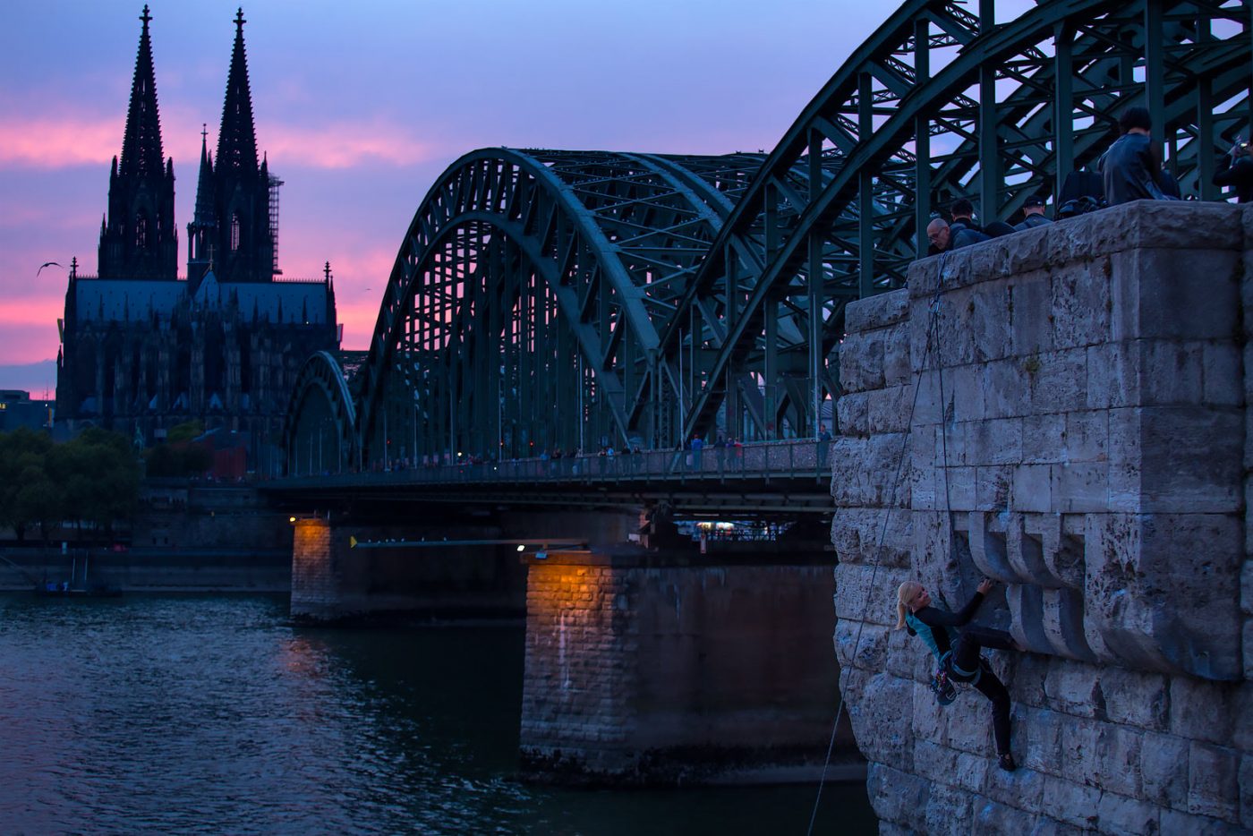 Rock climbing in Cologne, Germany, along the Rhein River.