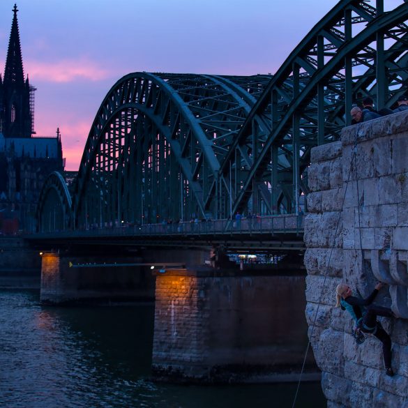 Rock climbing in Cologne, Germany, along the Rhein River.