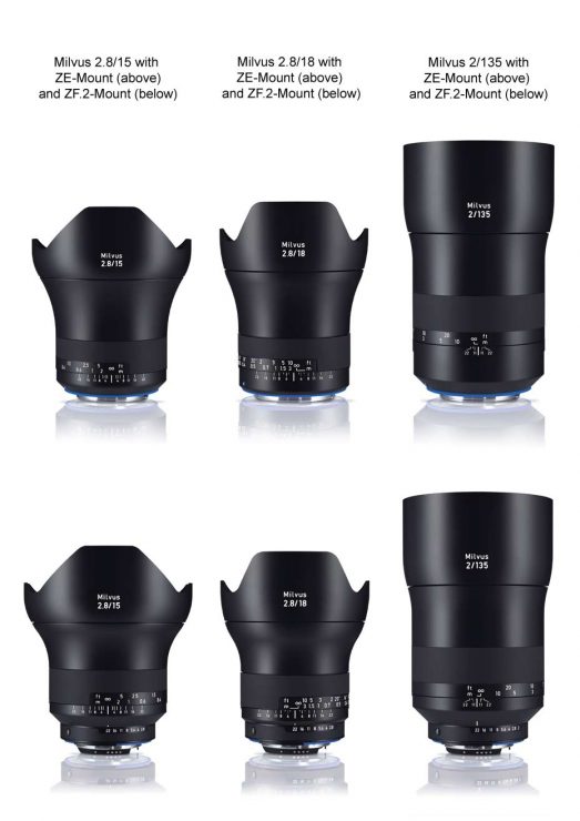 Canon and Nikon mount variants of the three new zeiss milvus lenses