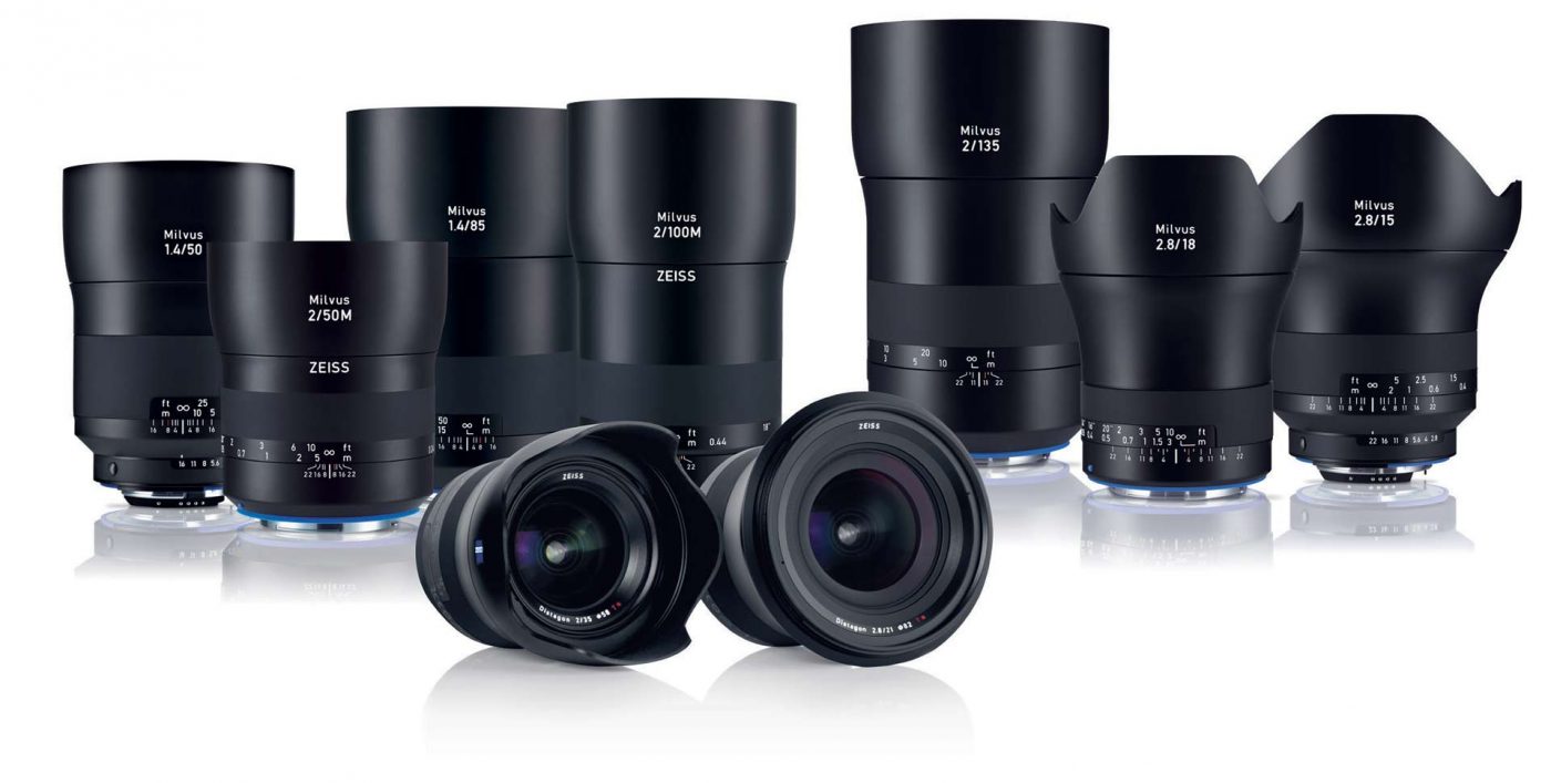 The Zeiss Milvus lineup including the 15, 18, and 135mm lenses