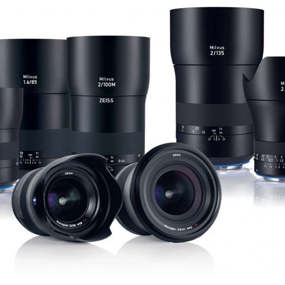The Zeiss Milvus lineup including the 15, 18, and 135mm lenses