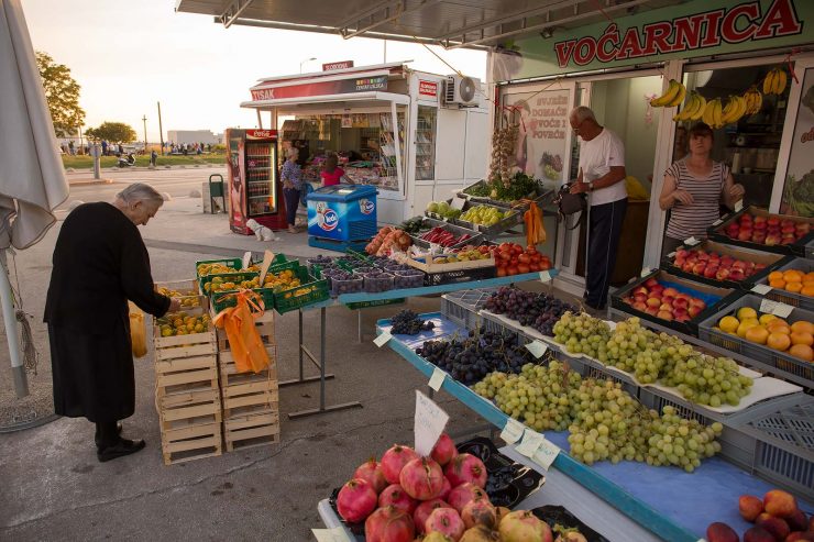 A corner fruit stand in Split, Croatia. Local fruits were very cheap: about $1 for two pounds of mandarin oranges, for example.