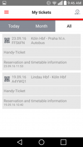 A couple of my tickets listed in the German train app (DB)