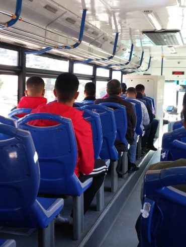 Interior shot of Bus to Tanger Med ferry port in Tangier