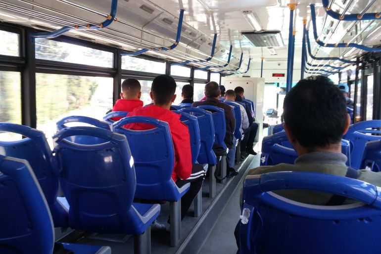 Interior shot of Bus to Tanger Med ferry port in Tangier