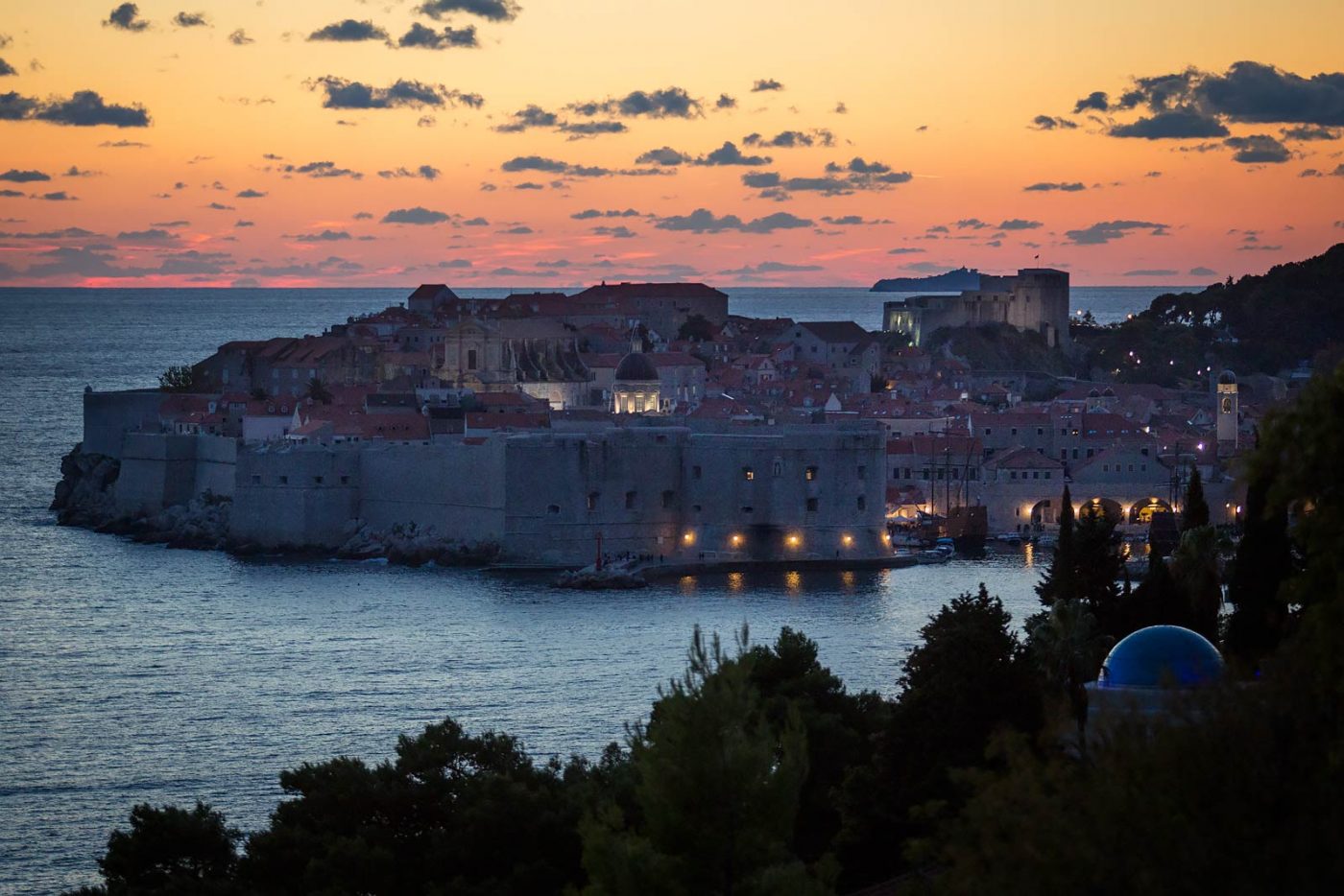 Dubrovnik at sunset from south of the city.