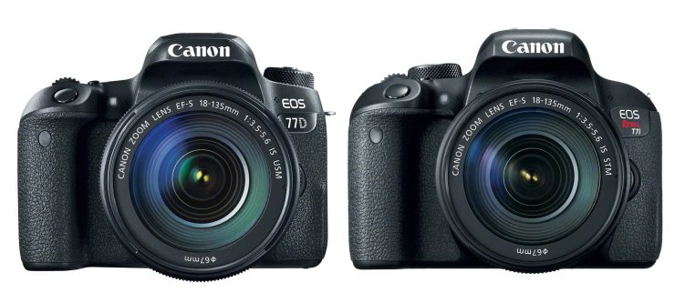 The Canon 77D and T7i bodies with 18-135mm IS STM lenses attached.