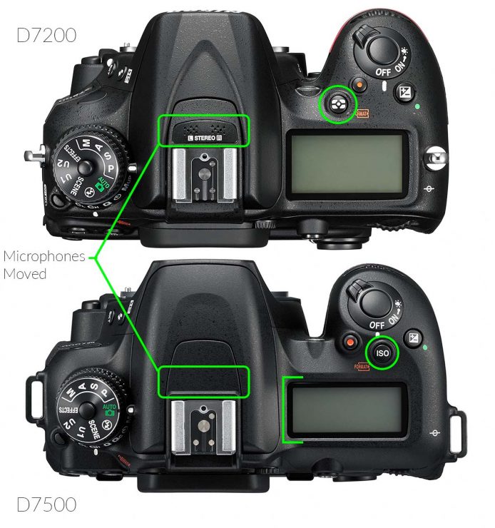 Top view of Nikon D7200 and D7500 pointing out differences