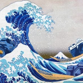 Cameras in illustration of Hokusai's Wave off Kanagawa Print