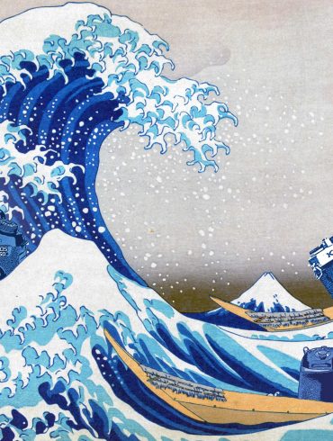 Cameras in illustration of Hokusai's Wave off Kanagawa Print