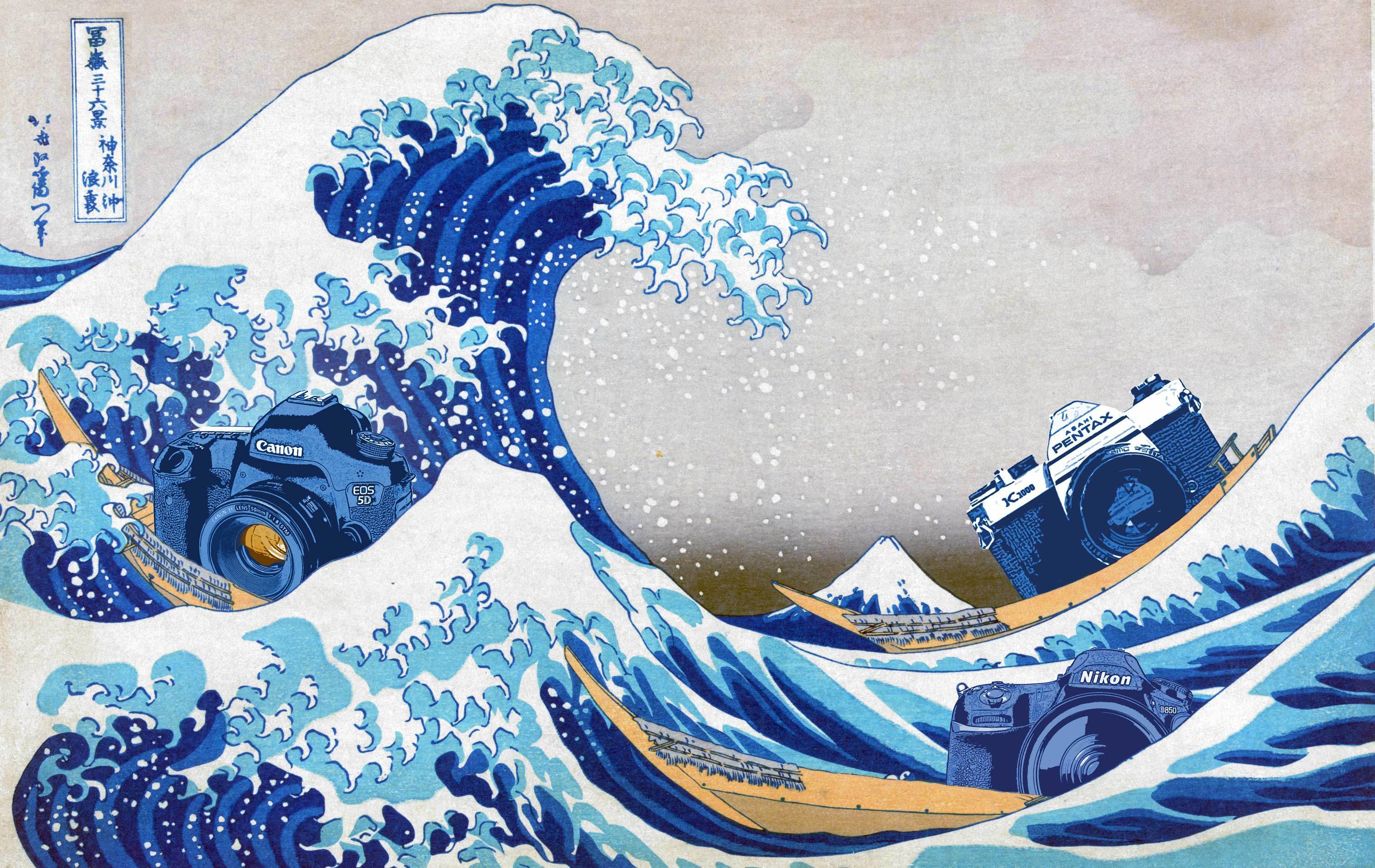 Cameras in illustration of Hokusai's Wave off Kanagawa Print