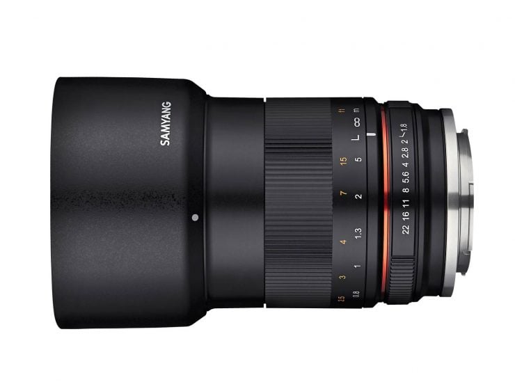 rokinon 85mm f/1.8 lens for APS-C, side view with hood