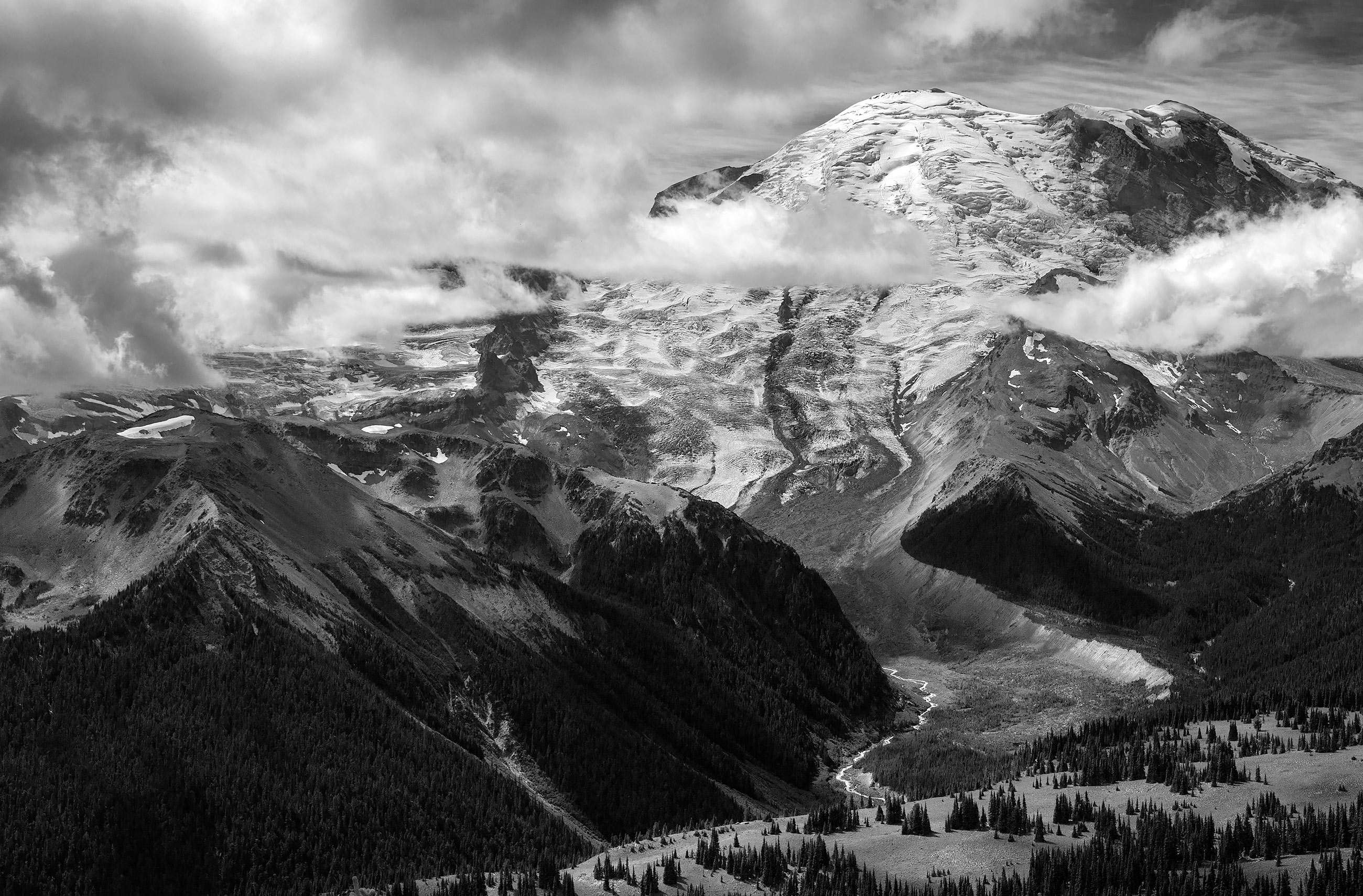 Black and white photo of Mt. Rainier on a cloudy day