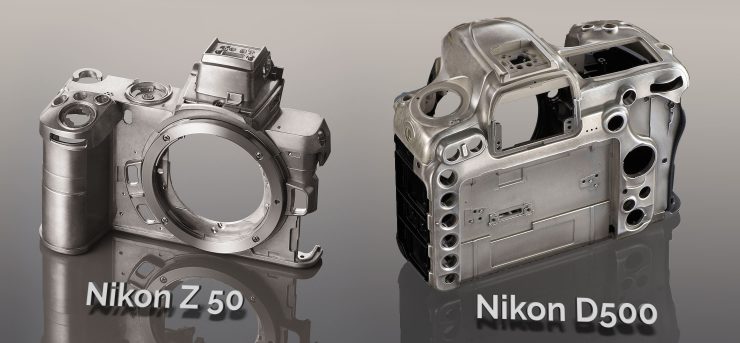 Comarison of the magnesium inner frames of the Nikon Z50 and Nikon D7500 cameras