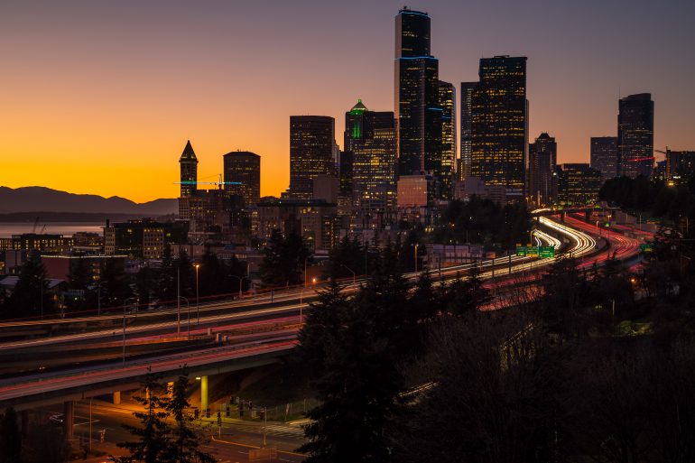 Seattle Skyline at Sunset Long Exposure