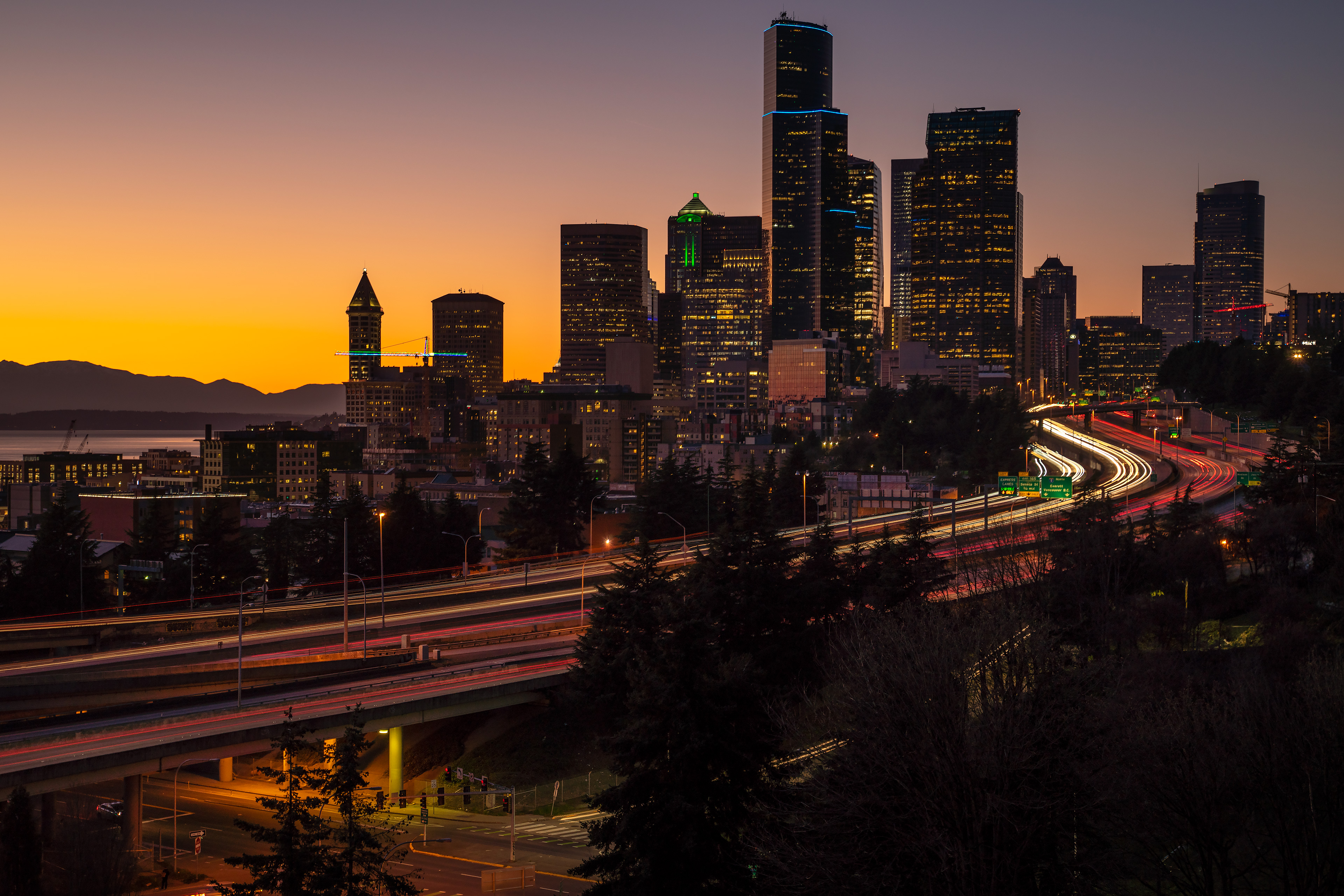 Seattle Skyline at Sunset Long Exposure