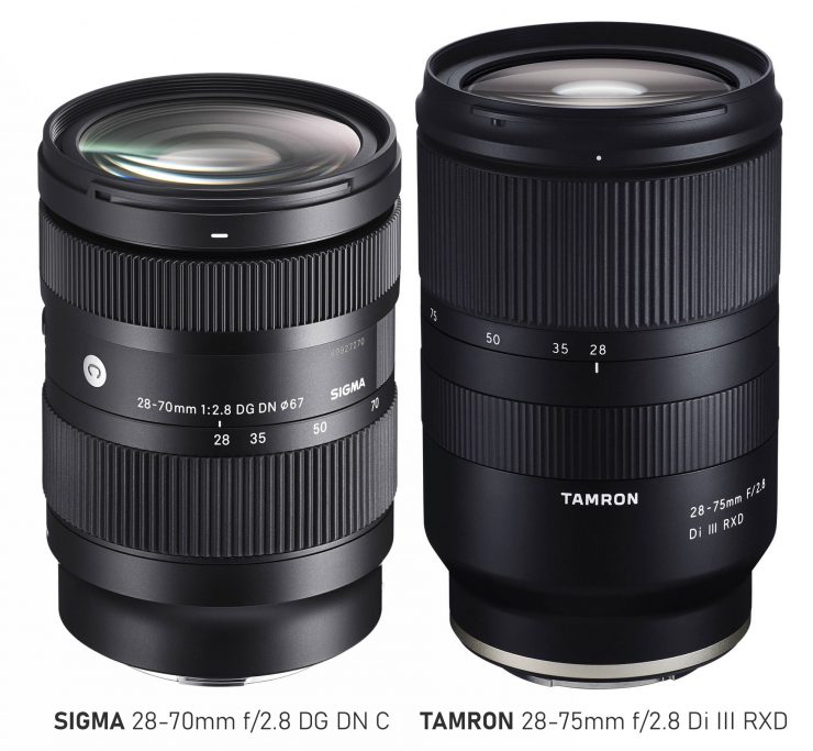 Sigma 28-70mm f/2.8 Lens next to the Tamron 28-75mm f/2.8 lens, which is slightly longer